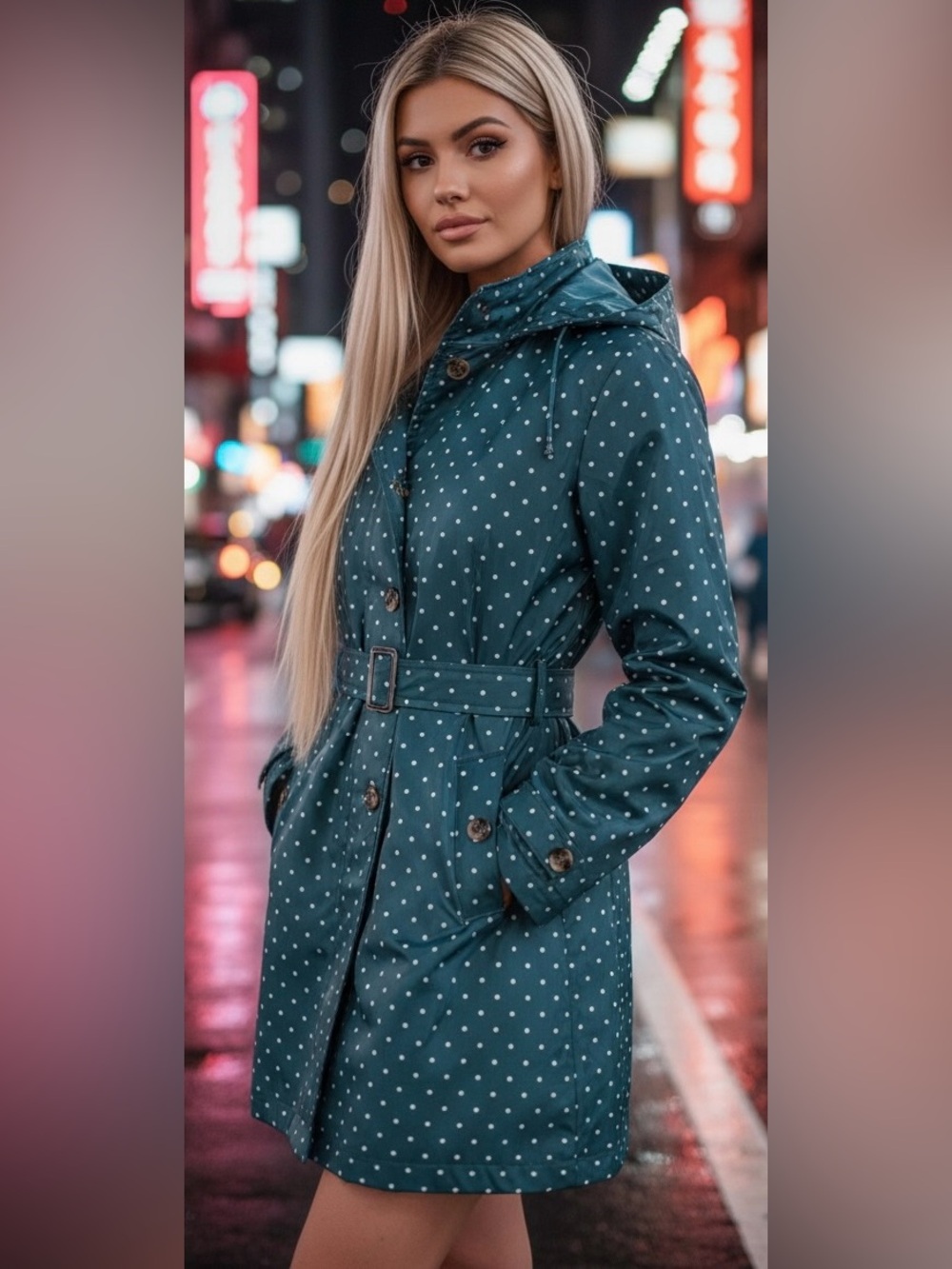 #025 Capelli Blue Polka Hooded Trench Coat Size Medium